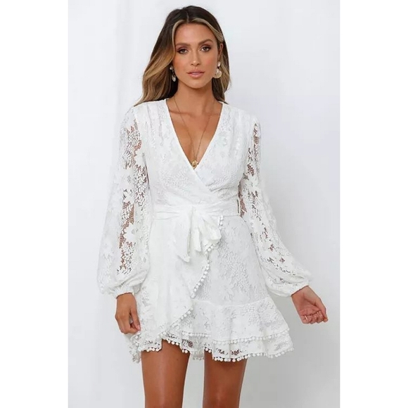 LAST ONE! Plus Size ALICIA Lace Wrap Mini Dress With Bubble Sleeves - Picture 3 of 7